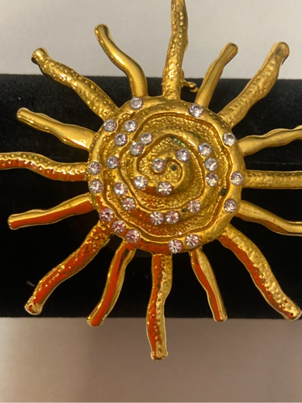 Gold tone Sunburst Brooch with Clear Rhinestones - Women's Accessory